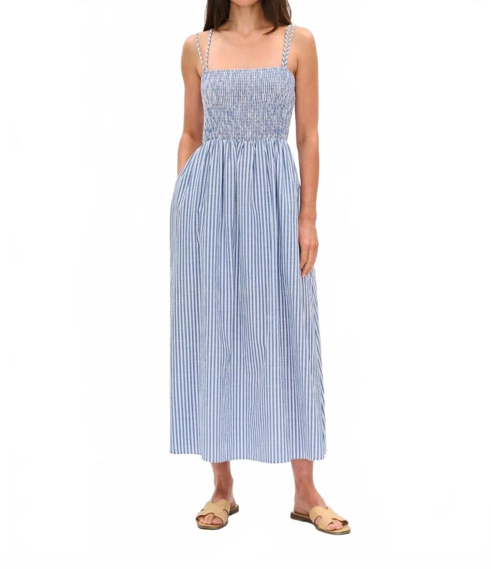 NEW SIX/FIFTY ebony striped poplin smocked dress in blue